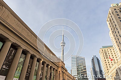 View of the Canadian National Tower CN Tower seen from Union Station in Toronto, Ontario. Editorial Stock Photo
