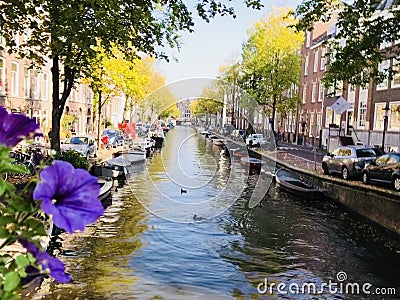 View of a canal in Amsterdam,Netherlands Editorial Stock Photo