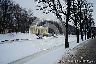 St. Petersburg, Russia, December 16, 2023. An ancient pavilion by the canal along the Summer Garden in winter. Stock Photo