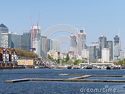 View of the Canary Wharf from Greenland Dock, London Editorial Stock Photo