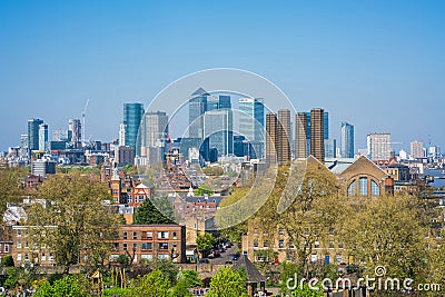 View of Canary Wharf from Greenwich Park, London UK Editorial Stock Photo