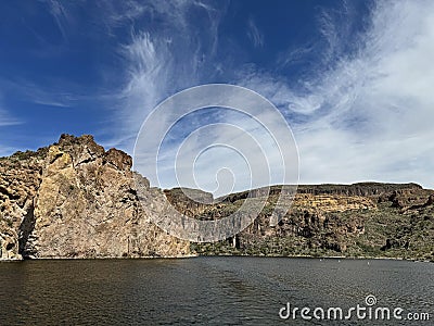 View of Canyon Lake and Rock Formations from a Steamboat in Arizona Stock Photo