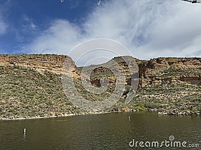View of Canyon Lake and Rock Formations from a Steamboat in Arizona Stock Photo