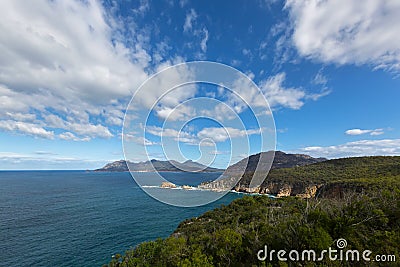 View from Cape Tourville Lighthouse lookout, Freycinet National Stock Photo