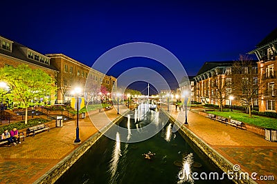 View of Carroll Creek at night, in Frederick, Maryland. Stock Photo