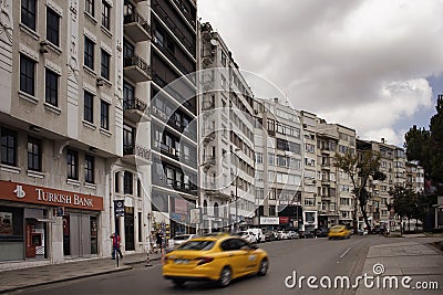 View of cars in blurry motion and buildings Editorial Stock Photo