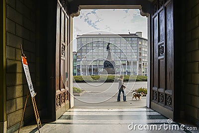 View from Casa di Riposo per Musicisti home of retired musicians , home for retired opera singers and musicians in Milan. Statue o Editorial Stock Photo