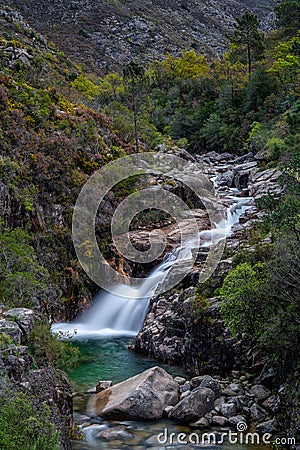 View of the Cascata de Portela do Homem waterfall in the Peneda-Geres National Park in Portugal Stock Photo
