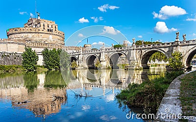 View of the Castel Sant`Angelo and the Angel Bridge on the Tiber in Rome Italy Stock Photo