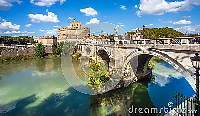 View of the Castel Sant`Angelo and the Angel Bridge on the Tiber in Rome Italy Stock Photo