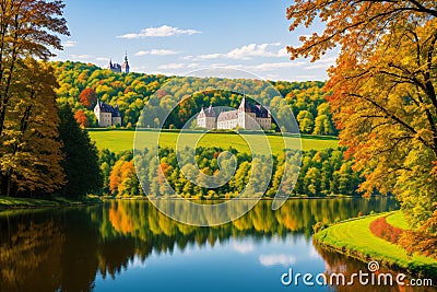 a view of castle Czocha and Lesnianskie Lake in Poland. Stock Photo