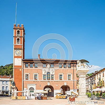 View at the Castle place with statue Venetian Lion with Doglione Palace in Marostica - Italy Editorial Stock Photo