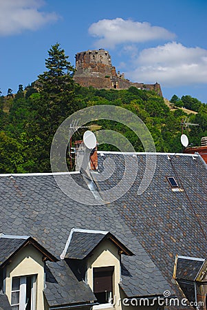 View of the castle and rooftops of Murol in Auvergne, Puy de Dome Stock Photo