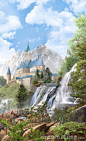 View of the castle with waterfalls part 1 Stock Photo