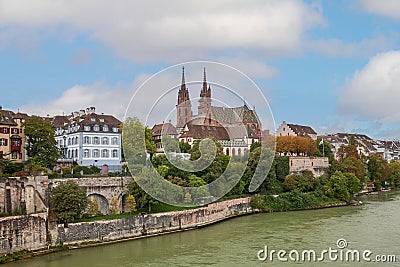 View of the cathedral of Basel in Switzerland from the river Rio Stock Photo