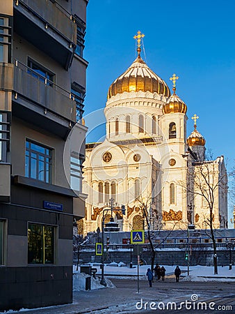 View of the Cathedral of Christ the Savior from Obydensky Lane. Editorial Stock Photo