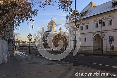 View of the Cathedral of Christ the Saviour from Prechistenka street. Moscow Stock Photo