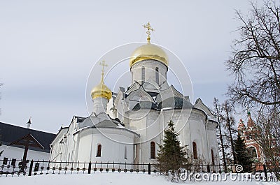 View of the Cathedral of the Nativity of the Virgin in the Savvino-Storozhevsky Monastery Zvenigorod Russia Stock Photo