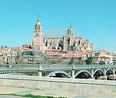 View of the cathedral of Salamanca from the car, Spain Stock Photo