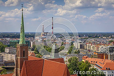 Aerial view of the city's buildings and chimneys of CHP plant. Beautiful Wroclaw panorama of the historic part of old town Stock Photo