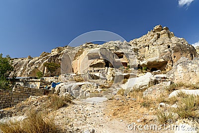 View of cave houses in Urgup. Cappadocia. Turkey Stock Photo