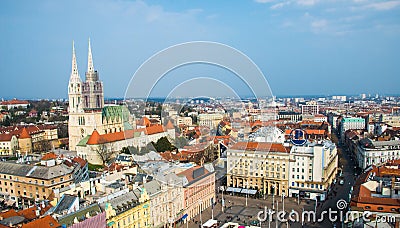 View from the center of Zagreb and the Zagreb Cathedral Editorial Stock Photo