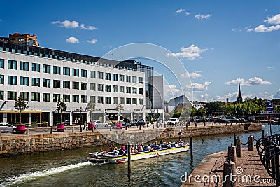 View of central Gothenburg with tour boat on the canal in Gothenburg, Sweden Editorial Stock Photo