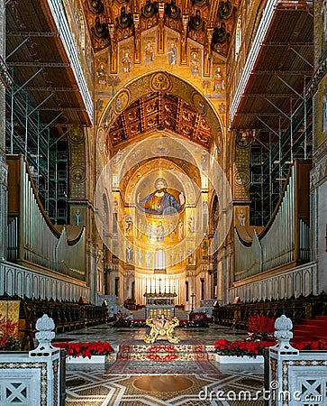 view of the central nave and altar of the Monreale Cathedral in Sicily Editorial Stock Photo