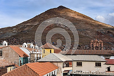 View of the Cerro Rico mountain from the rooftop of the San Lorenzo chapel, Potosi, Bolivia Editorial Stock Photo
