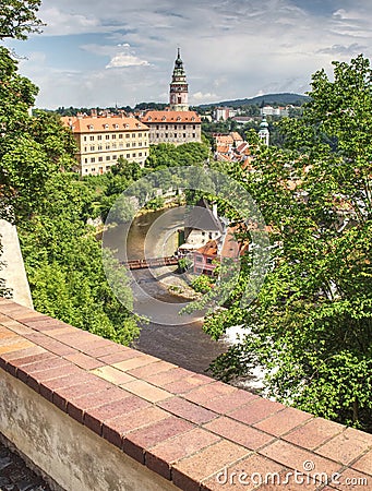 View of Cesky Krumlov Castle from promenade to castel garden Editorial Stock Photo