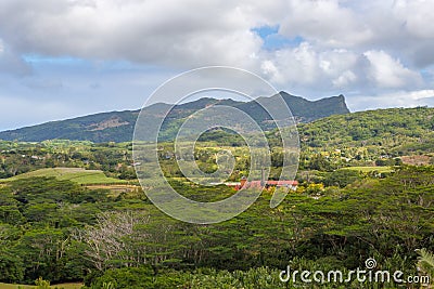 View on Chamarel with rum factory from Plaine Champagne Mauritius Stock Photo