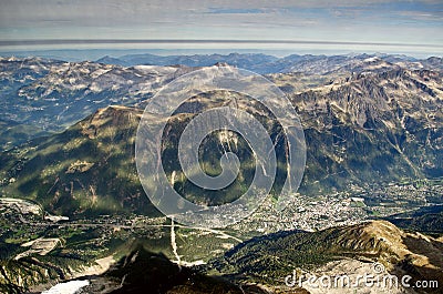 View of the Chamonix valley between the mountains Stock Photo