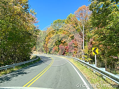 The view of the changing leaves from a vehicle on the Blue Ridge Parkway Stock Photo