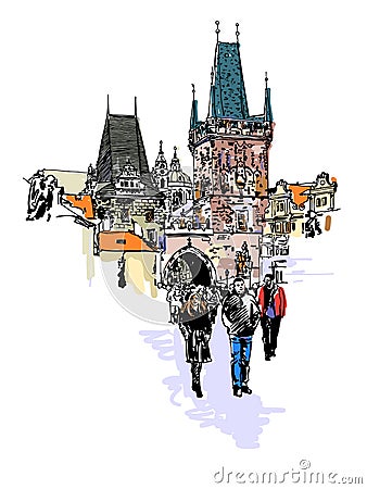 A view of the Charles Bridge tower in Prague sketch drawing Vector Illustration