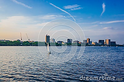 View of Charles River with skyline of Cambridge at dusk, in Boston, USA Stock Photo