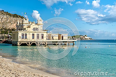 View of Charleston, the Mondello beach establishment on the sea in Palermo, Sicily. Stock Photo