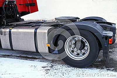 View of the chassis part of the truck. Visible fifth wheel couplings are fitted to a tractor unit to connect it to the trailer Stock Photo