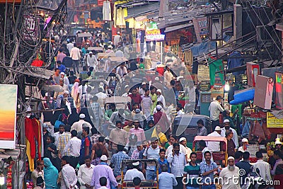 View of Chawri Bazar full of people in the evening from Jama Mas Editorial Stock Photo