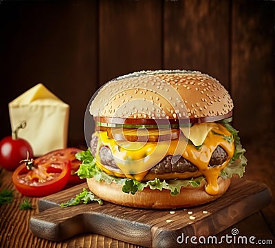 View of cheeseburger is a classic American dish that boasts a juicy beef patty cooked to perfection and topped with melted cheese Stock Photo