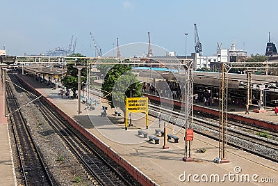 View of Chennai Beach railway station. Chennai Port in background. Editorial Stock Photo