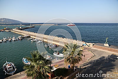 View of Chios Island hourbor with some fisherman boats in Greece Stock Photo