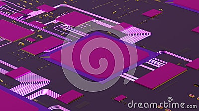 view of the chip and data flow animation in cyberpunk colors, 3d rendering Stock Photo