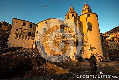 View of the church of Camogli at sunset , Genoa Genova Province, Liguria, Mediterranean coast, Italy Editorial Stock Photo