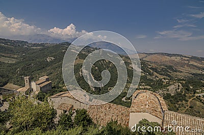 View of the church of Roccascalegna near the castle Stock Photo