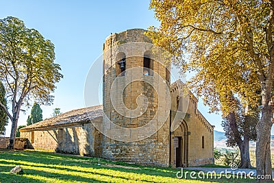 View at the Church of San Modesto and San Vito near Corsignano in Italy Stock Photo
