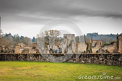 View of the church tower in the ruins of the village Editorial Stock Photo