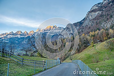 View on the Churfirsten mountain range in Autumn. Charming autumn landscape in Swiss Alps. Switzerland, Europe Stock Photo