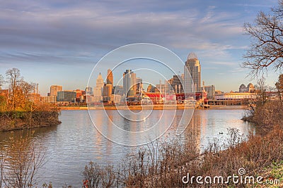 View of the Cincinnati skyline from Licking River Stock Photo