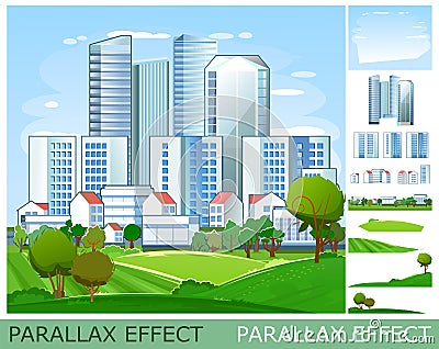 View of city from afar. Big skyscrapers and small houses on the outskirts. set of slides to create parallax image layer Vector Illustration