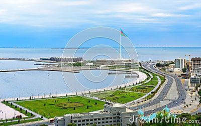View of the city Baku and National Flag Square Editorial Stock Photo